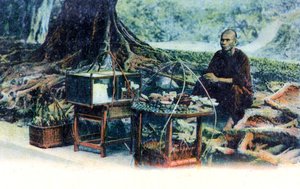 Ein Mann verkauft Obst unter einem Baum, Hongkong, China, ca. 1900er Jahre von Unbekannt