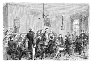 Ein Treffen der Anti-Corn Law League im Newalls Building, Manchester, 1838, ca. 1895