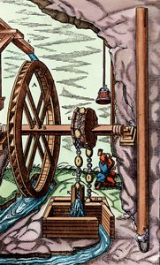 Eine Mine wird von einer Lappen- und Kettenpumpe, die von einem oberschlächtigen Wasserrad angetrieben wird, entwässert, 1556