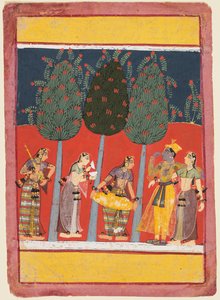 Eine Seite aus einer Rasikapriya-Serie: Krishna und Radha und die Sakhis mit Musikinstrumenten, ca. 1650