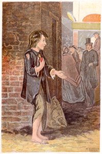 Ein armer Junge, barfuß und in Lumpen, bettelnd an einer Straßenecke, um 1880 von Unbekannt