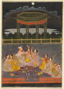 Ein Prinz feiert Holi mit Palastfrauen auf einer Terrasse bei Nacht, verso: Kalligraphie eines Vierzeilers