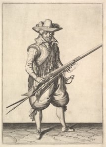 Ein Soldat schüttelt das Pulver vom oberen Teil der Pfanne, aus der Serie Musketiere, Platte 19