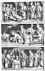 Ein Triptychon der Heilungsarbeit von St. Remy, Bischof von Reims, 11. Jahrhundert