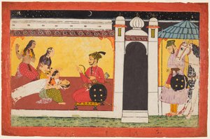 Eine Frau fällt vor einem Prinzen in Ohnmacht, eine Nachtszene aus einer Madhavanala Kamakandala Serie, um 1700