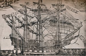 Ein Holzschnitt eines Schiffes, das als The Ark Royal gilt, um 1587