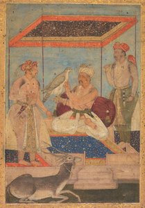 Akbar und Jahangir untersuchen einen Ghir-Falken, während Prinz Khusrau dahinter steht von Unbekannt