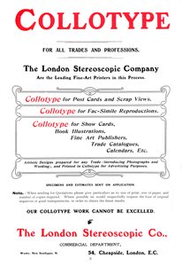 Eine Werbung für den Collotypie-Prozess, angeboten von der London Stereoscopic Company, 1903