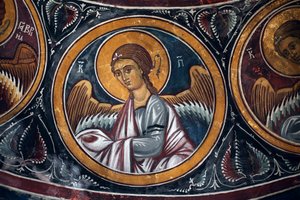 Engelmedaillon um Christus und das Jüngste Gericht (Detail) der byzantinischen Freske aus dem Narthex-Gewölbe der Kirche von Asinou. Jüngstes Gericht Szene 14. Jahrhundert (1332) UNESCO-Weltkulturerbe, Troodos-Region, Zypern von Unbekannt