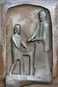 Verkündigung Basilika Türskulptur: Jesus und Joseph, Nazareth, Israel
