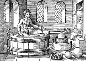 Archimedes, ca. 287-212 v. Chr., antiker griechischer Mathematiker und Erfinder, in seinem Bad