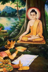 Asketischer Buddha wurde am Morgen seiner Erleuchtung von Nandabala eine Schale Milchreis angeboten. Gemälde, das die Lebensgeschichte von Shakyamuni Buddha darstellt. Wat Ong Teu Mahawihan. Tempel des Schweren Buddha. Vientiane. Laos, 20151028, Vientiane,