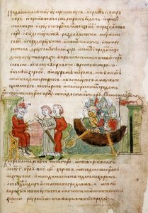 Askold und Dir bitten Rurik um Erlaubnis, nach Konstantinopel zu gehen, aus der Radziwill-Chronik von Unbekannt
