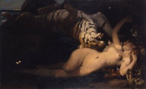 Bacchantin spielt mit einem Tiger