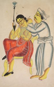Barbier reinigt das Ohr einer Frau, 1800er