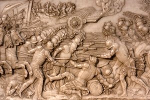 Basilika von St. Denis, Grab von Franz I. König von Frankreich und Claude von Frankreich, Relief der Stiftung, Darstellung der Schlacht von Marignano 1515 - die Franzosen und ihre Artillerie gegen die Alte Eidgenossenschaft, Saint-Denis, Frankreich