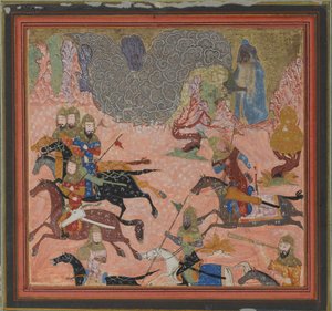 Bazur, der Magier, beschwört Dunkelheit und einen Sturm herauf, Folio aus einem Shahnama..., ca. 1430-40