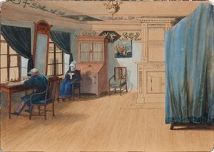 Schlafzimmerinterieur. Graf Yegor Frantsevich Kankrin 1774-1845 an seinem Schreibtisch, 1820er Jahre