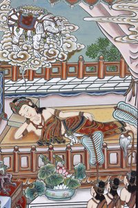 Vor der Geburt Siddhartha Gautamas träumte seine Mutter von einem weißen Elefanten, der ihr eine Lotusblume überreichte von Unbekannt