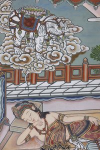 Vor der Geburt Siddhartha Gautamas träumte seine Mutter von einem weißen Elefanten, der ihr eine Lotusblume überreichte, Seoul, Südkorea