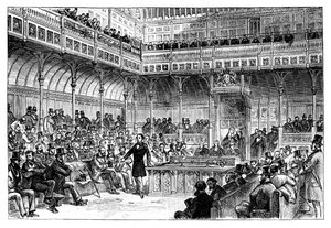 Benjamin Disraeli stellt seinen Reformgesetzentwurf im House of Commons vor, ca. 1867 von Unbekannt