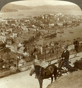 Bergen, Blick nach Westen vom Floifjeld über den Hafen und den Puddefjord, Norwegen