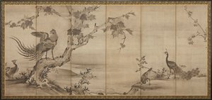 Vögel, Blumen und Bäume: auf der Rückseite Bambusbäume, Momoyama-Periode, 1568-1615 von Unbekannt
