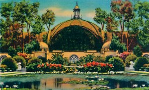 Botanisches Gebäude und Lagune. San Diego, Kalifornien, ca. 1941