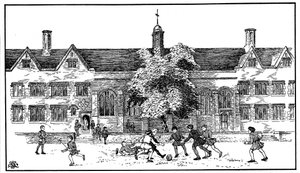 Jungen in der Tudor-Zeit spielen Fußball an der Berkhamsted Grammar School, Hertfordshire von Unbekannt