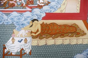 Buddhas Mutter träumt von einem weißen Elefanten. Thangka, Bhaktapur, Nepal von Unbekannt