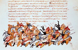 Byzantinische Kavalleristen überwältigen feindliche Kavallerie und Fußsoldaten