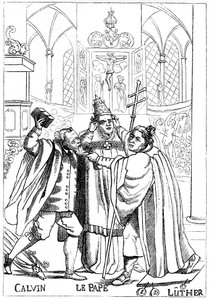 Calvin, Luther und der Papst kämpfen gegeneinander, veröffentlicht 1600