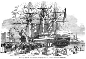 Caroline Chisholm spricht zu einer Menge vom Auswandererschiff Ballengeich, 1852 von Unbekannt