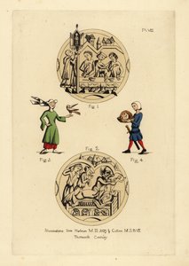 Gelage mit Männern in Cyclas, ermahnt von einem Mann in einer juristischen Haube und Kapuze, Sterbeszene mit dem Teufel, der die Seele eines Mannes nimmt, Frau in Haube und Hörnerhut mit Cointose-Schal und Vogel, Henker von Johannes dem Täufer mit seinem K von Unbekannt