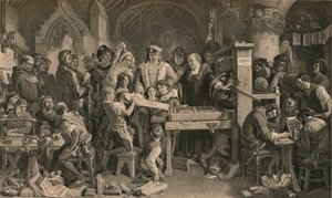Caxton zeigt das erste Exemplar seines Drucks König Edward IV. in Westminster, um 1477 von Unbekannt