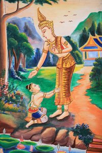 Deckenmalerei, die das Leben Buddhas darstellt. Wat Si Sou Mang Karam Tempel. Vieng Vang. Laos, 20151102, Vieng Vang, Laos