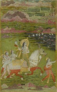 Chand Bibi beim Jagen mit Begleitern in einer Landschaft, ca. 1700 von Unbekannt