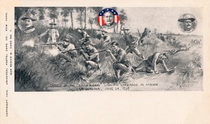 Angriff der Rough Riders auf die Spanier im Hinterhalt, La Quasina, 24. Juni 1898, um 1900 von Unbekannt