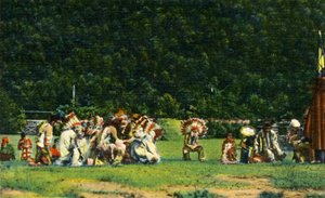Cherokee-Indianer in voller Tracht bei einem ihrer Zeremonialtänze - Auf der Cherokee-Indianer-Reservierung