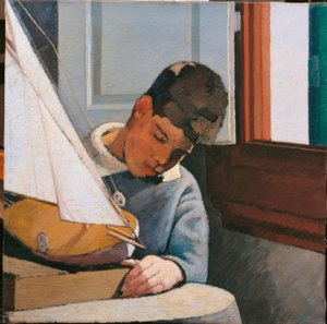 Kind, junger Junge, Sohn des Malers, sitzt an einem Tisch und spielt mit einem Boot, klassische Synthese, chromatische Balance, Pinselstriche voller Licht von Unbekannt
