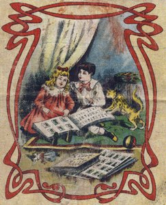 Kinder betrachten ein Bilderbuch zur Veranschaulichung des Alphabets. Vierte Umschlagseite des Albums drolatic. Serie Nummer 4 in Albums-chromo auf Leinwand. Chromolithographien auf Gewebe. Bild von Marcel Vagne, Jarville-Nancy, Anfang des 20. Jahrhunderts von Unbekannt