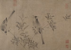 Chinesische Bulbuls auf blühendem Kirschapfel von Unbekannt