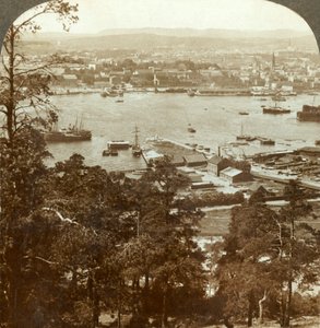 Christiania und ihr geschäftiger Hafen, N.W. vom Ekeberg Königspalast rechts, Norwegen, um 1905
