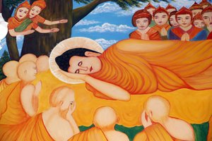 Chua Tu Quang buddhistischer Tempel. Liegender Buddha-Gemälde. Nach 45 Jahren der Lehre des Dharma ging der Buddha ins Parinirvana ein. Vung Tau. Vietnam