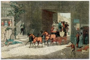 Kutsche kommt im Hof eines Gasthauses an, 1890 von Unbekannt