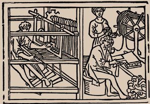Kämmen, Spinnen und Weben von Wolle. Aus Speculum Vitae Humanae von Rodericus Zamorensis, 1479 von Unbekannt