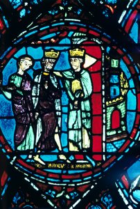 Konstantin begrüßt Karl den Großen in Konstantinopel, Buntglas, Kathedrale von Chartres, Frankreich