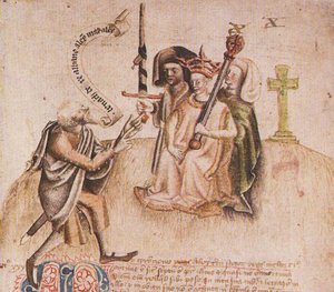 Krönung von König Alexander III. auf dem Moot Hill, Scone. Aus dem Manuskript des Scotichronicon von Walter Bower