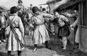 Kosaken suchen nach japanischen Spionen in einem mandschurischen Dorf, Russisch-Japanischer Krieg von Unbekannt