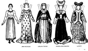 Kostüme von Männern und Frauen, wie sie in der Zeit von Heinrich V. getragen wurden, um 1934